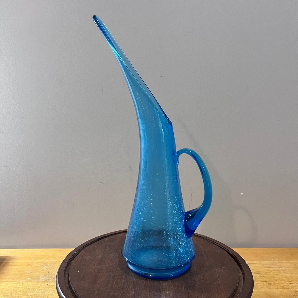 Vtg MCM Kanawha Blue Crackle Glass Pitcher Stretch Spout‎ Art Glass 14.5"